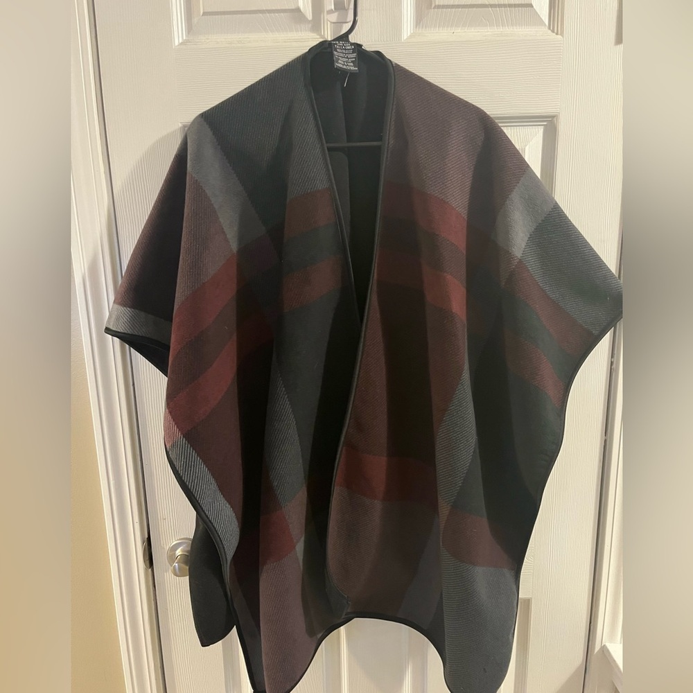 Ike Behar Women's Reversible Fleece Wrap Open Cape Poncho Shawl One Size Plaid